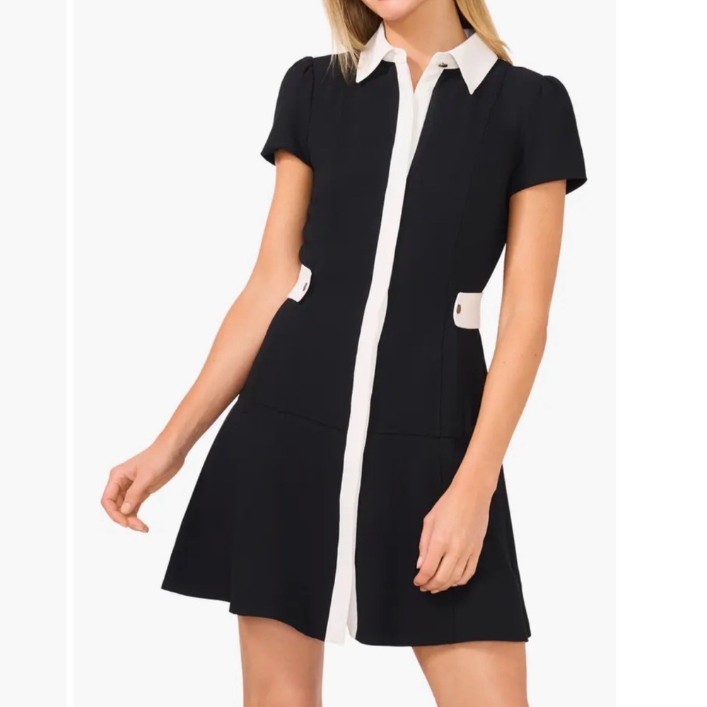 🆕 CeCe Black and White Fit and Flare Puff Sleeve Shirt Dress